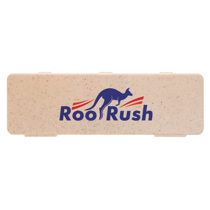 A cutlery set case featuring the logo of Roo Rush, designed in a beige color with a speckled texture.