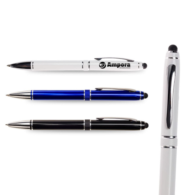 A collection of three metal pens in white, blue, and black, featuring a logo on one pen.