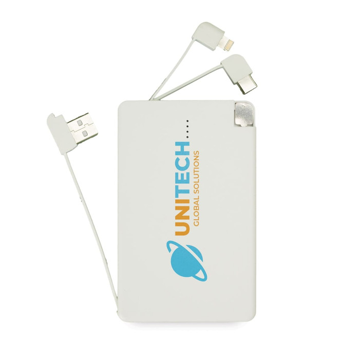 A 10,000mAh power bank with three built-in charging cables and the branding "UNITECH GLOBAL SOLUTIONS."
