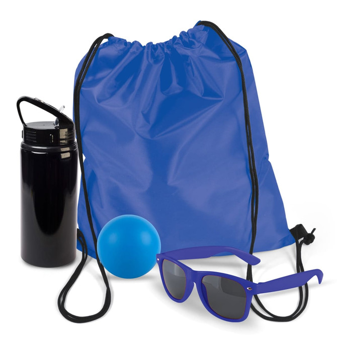 A drawstring backpack in blue, a black drink bottle, a blue ball, and a pair of purple sunglasses.