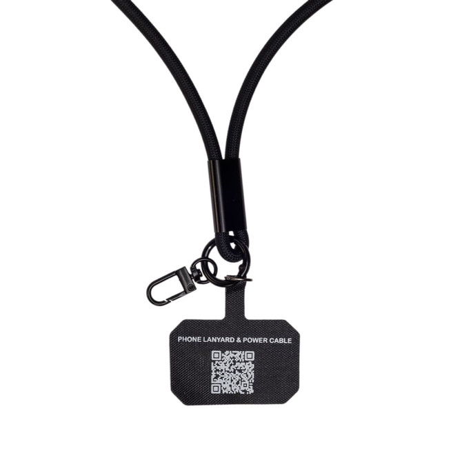 A black phone lanyard featuring a power cable attachment and a tag with a QR code and logo.