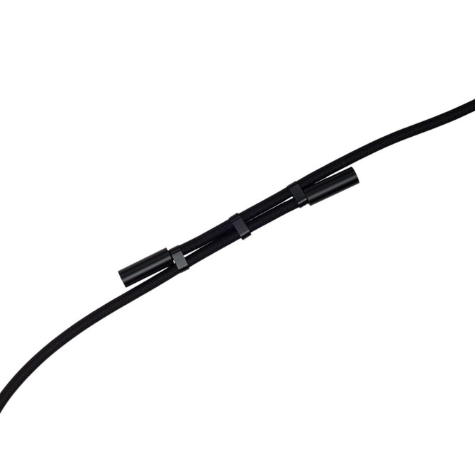 A black Trip Phone Lanyard, designed for securely holding phones, featuring a flexible cord with two connector ends.