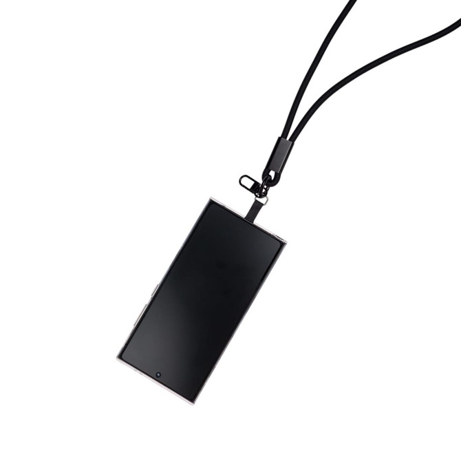 A phone lanyard features a black strap holding a sleek black phone, with a clip for secure attachment.