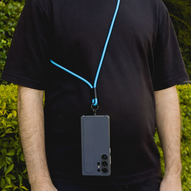 A black phone lanyard with a blue strap holding a smartphone, worn around a person's neck.