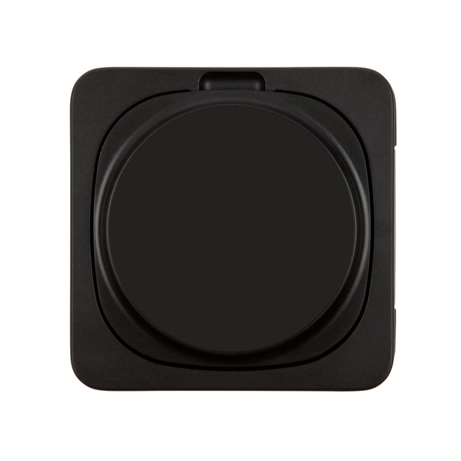 A wireless charger in black, featuring a circular charging surface and a sleek, minimalist design.