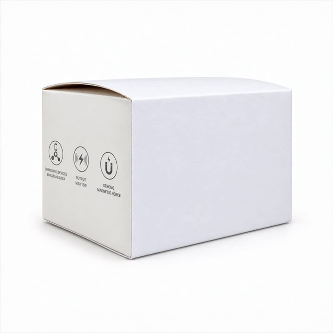 A white box with icons representing features, designed for a wireless charger. The box has a simple and clean design.