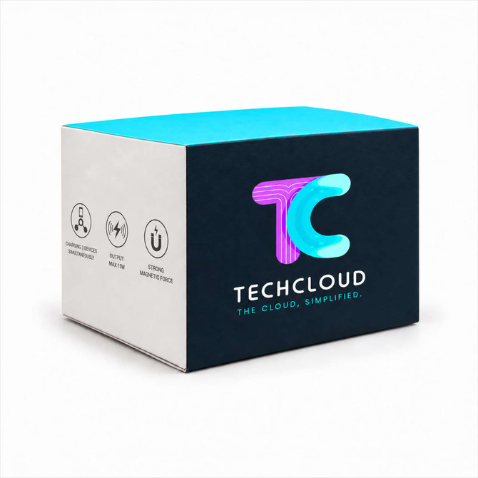 A promotional box for the Tri Power Charger, featuring a blue and dark design with a logo and icons.