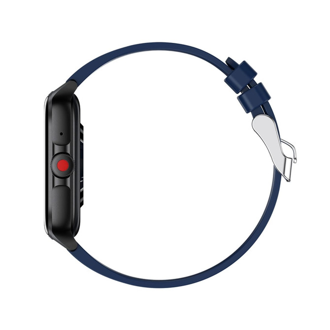 A black smart watch with a blue strap and a red button, featuring a sleek design and a minimalist style.