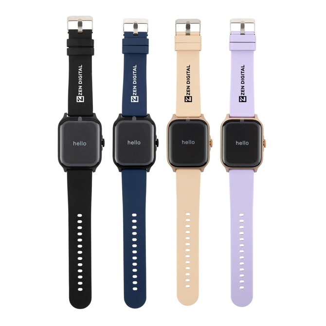 Four smartwatches in black, navy, beige, and lavender with square faces and adjustable straps, featuring a logo.