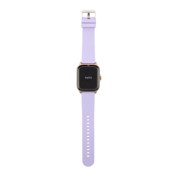 A smart watch with a square face and a light purple silicone strap displaying the word "hello" on the screen.