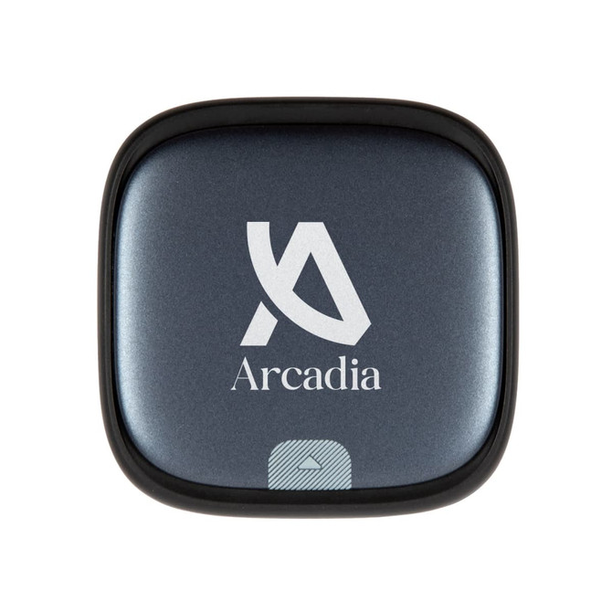 A compact charging cable set with a sleek design and the "Arcadia" logo prominently displayed on the top.