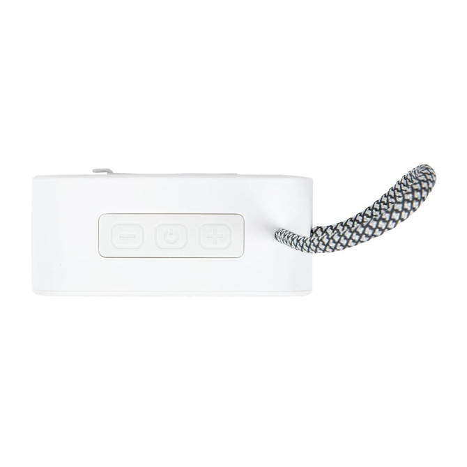 A white mini speaker with three buttons and a textured strap for easy carrying. It features a logo.