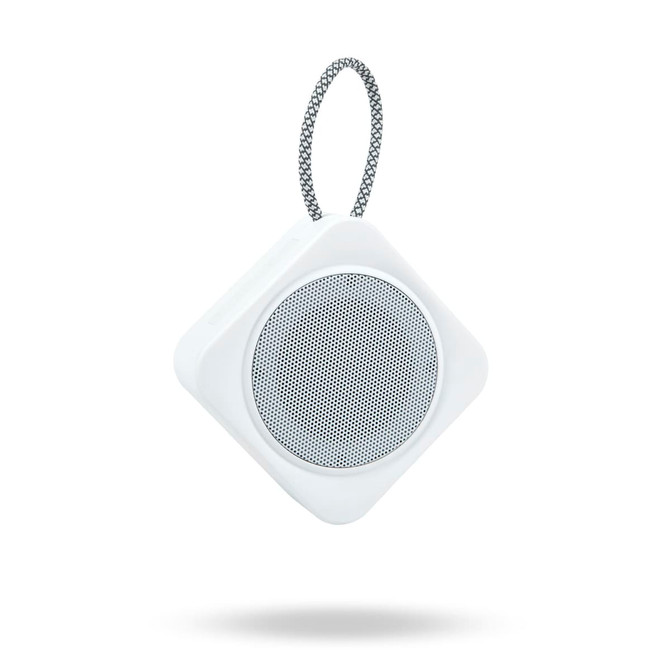 A white diamond-shaped mini speaker with a mesh grille and a looped strap for hanging.