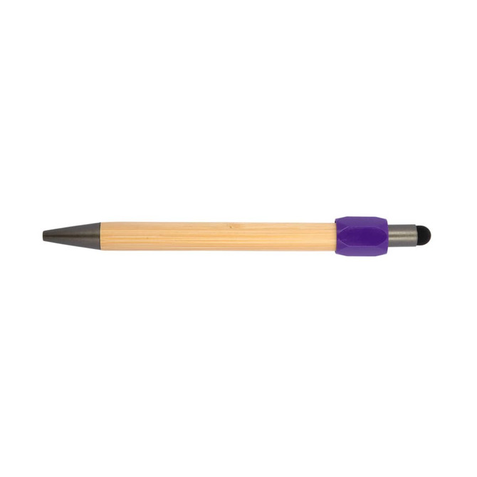 A bamboo pen featuring a purple accent and a stylus tip, with a sleek and minimalist design.