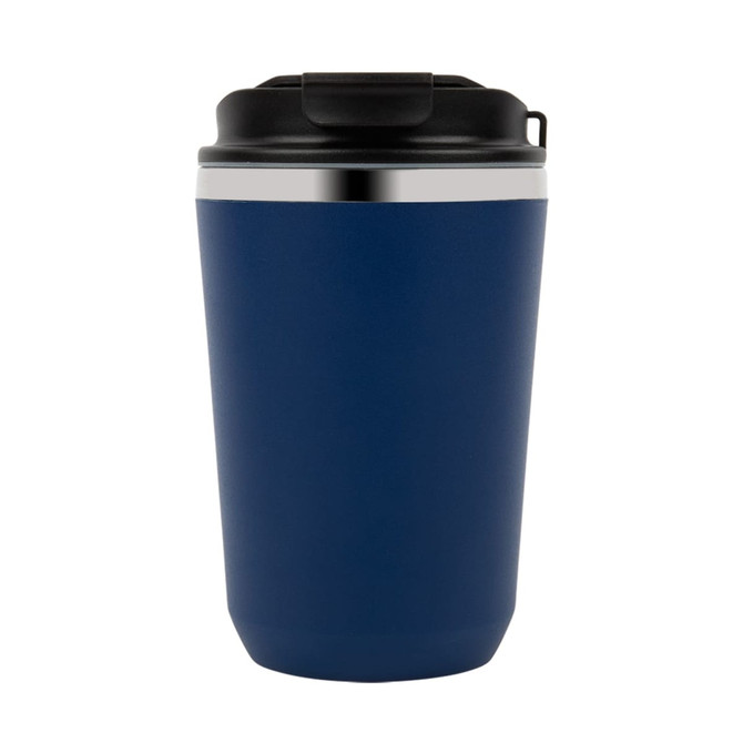 A double wall coffee cup in dark blue with a black lid and a silver band around the top. It features a logo.