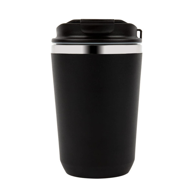 A double wall coffee cup in sleek black with a stainless steel band and a black lid, featuring a logo.