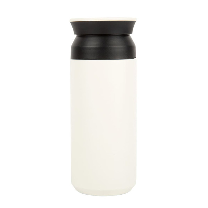 A double wall coffee cup in white with a black lid. It features a sleek design and has a logo.