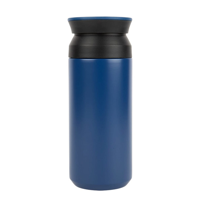 A double wall coffee cup in blue with a black lid, featuring a logo.