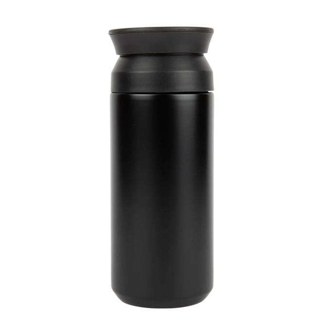 A double wall coffee cup in matte black, featuring a lid and a sleek, cylindrical design. It has a logo on the surface.
