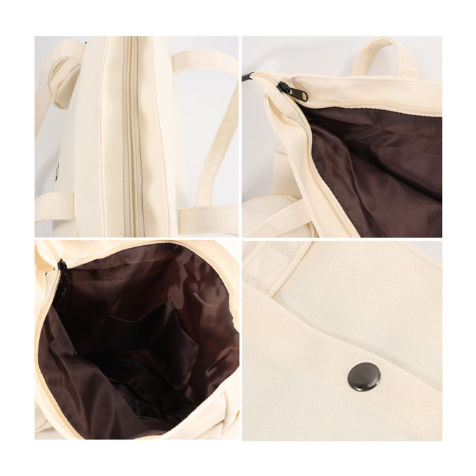 A cream-coloured canvas bag featuring a zip closure and a dark brown interior, with styling details visible.