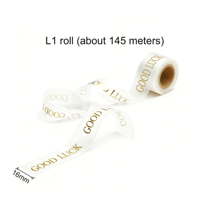 A roll of clear soft ribbon with gold text that reads "GOOD LUCK," measuring 16mm in width.