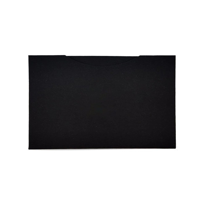 A black pouch containing RPET lens cloths, with a sleek, minimalist design and a logo displayed.