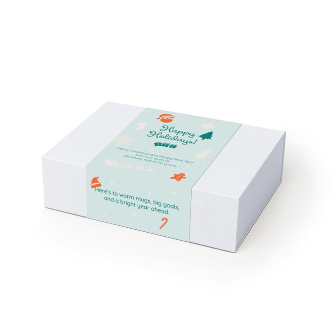A white gift box featuring a light blue label with holiday-themed illustrations and a festive message.