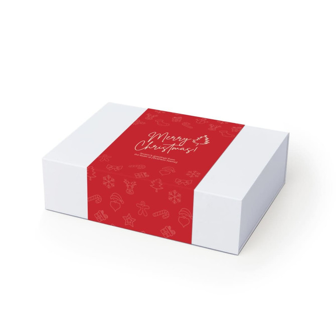 A gift box with a white base and a red wrap featuring festive holiday designs and a greeting.