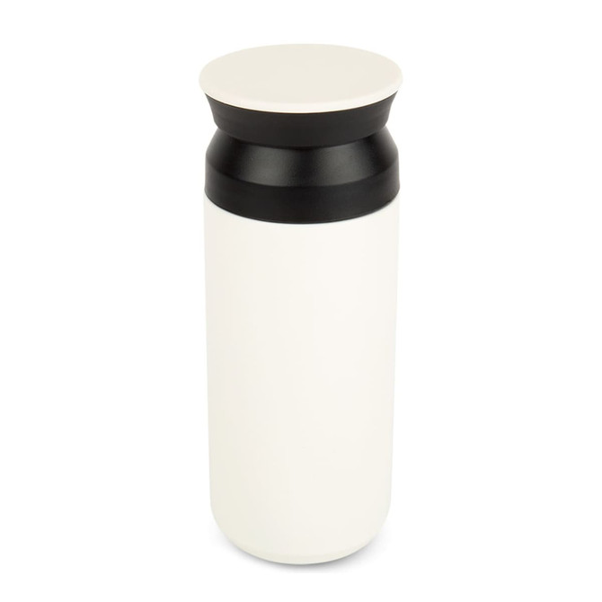 A drink bottle in white with a black band and lid, featuring a logo on the surface.
