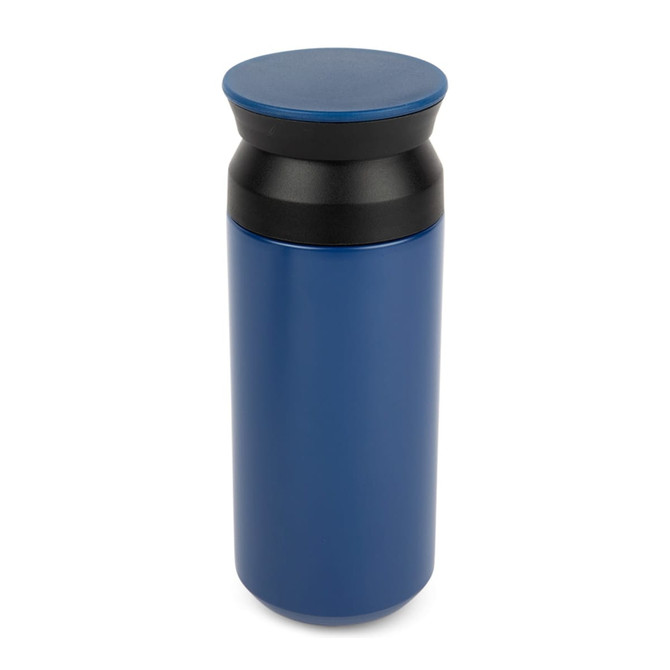 A blue drink bottle with a black lid, featuring a sleek design and a subtle logo.