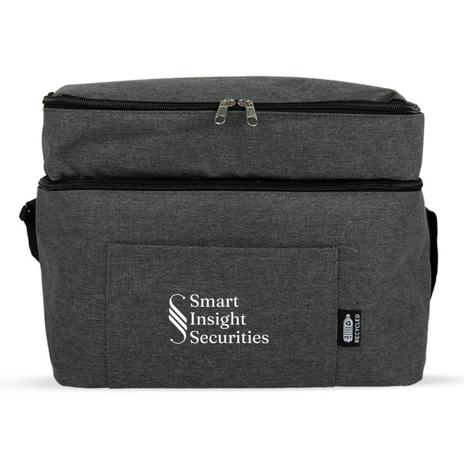 A grey cooler bag with a zippered top, featuring a front pocket and a logo.
