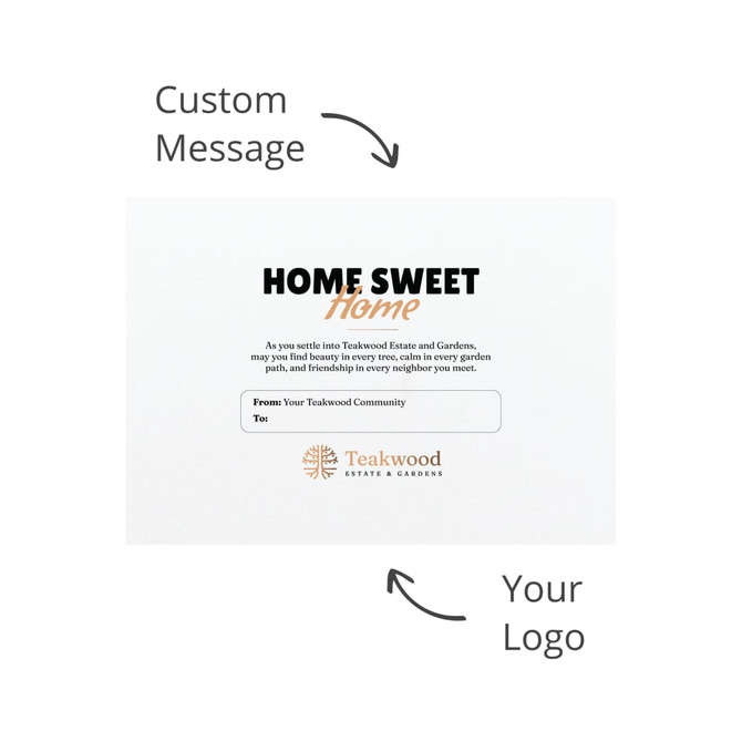 A card featuring a "Home Sweet Home" design with space for a custom message and a logo. The colour scheme includes white, black, and gold.