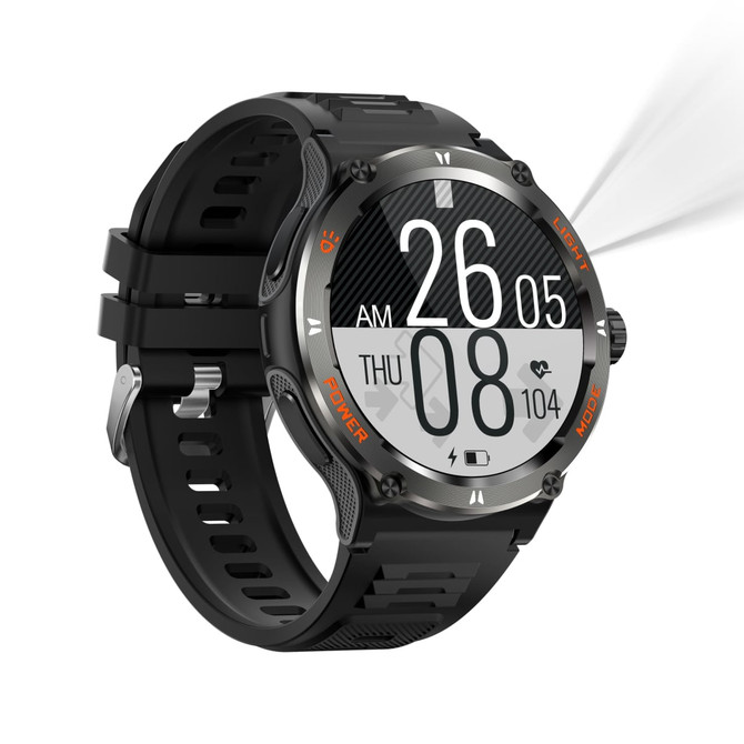 A black smart watch with a circular face, featuring a digital display and a textured strap, along with a logo.