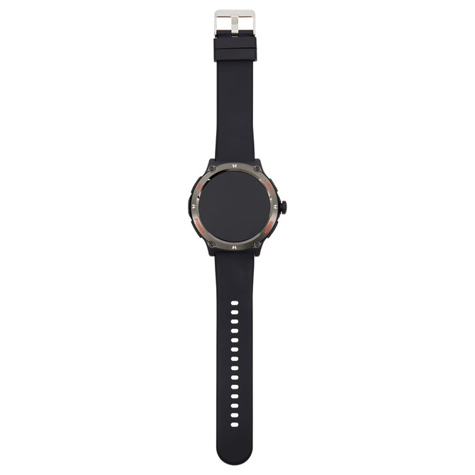 A black smart watch with a round face and a rubber strap, featuring a metallic bezel and a side button.