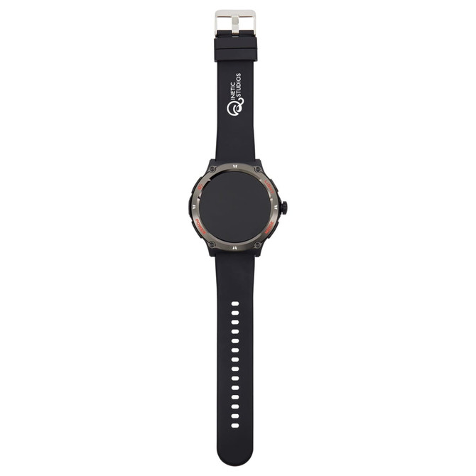 A black smart watch with a round face and adjustable strap, featuring a logo on the dial.