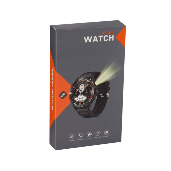 A black smart watch displayed on its packaging, featuring a digital face and a logo. The box has a modern design.