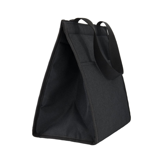A black cooler bag with a structured design and two handles, featuring a spacious interior.