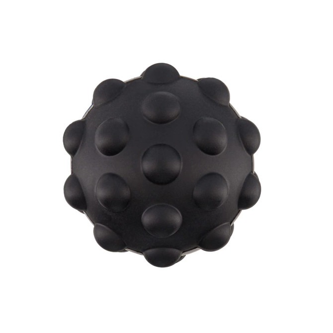 A black spherical toy featuring raised bumps on its surface, designed for tactile interaction. It has a branding logo.