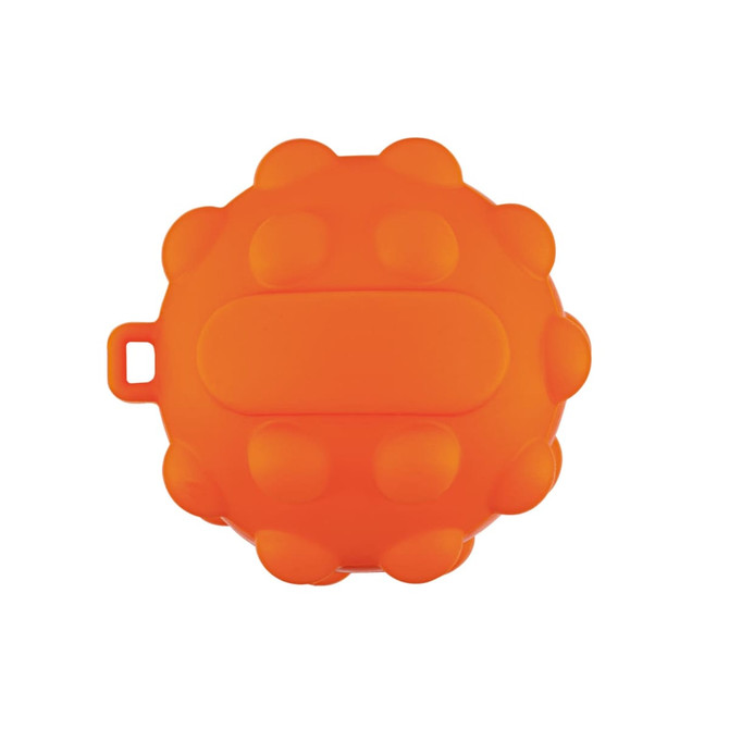 An orange silicone popper ball with raised circular features and a flat centre. It has a small loop on the side.