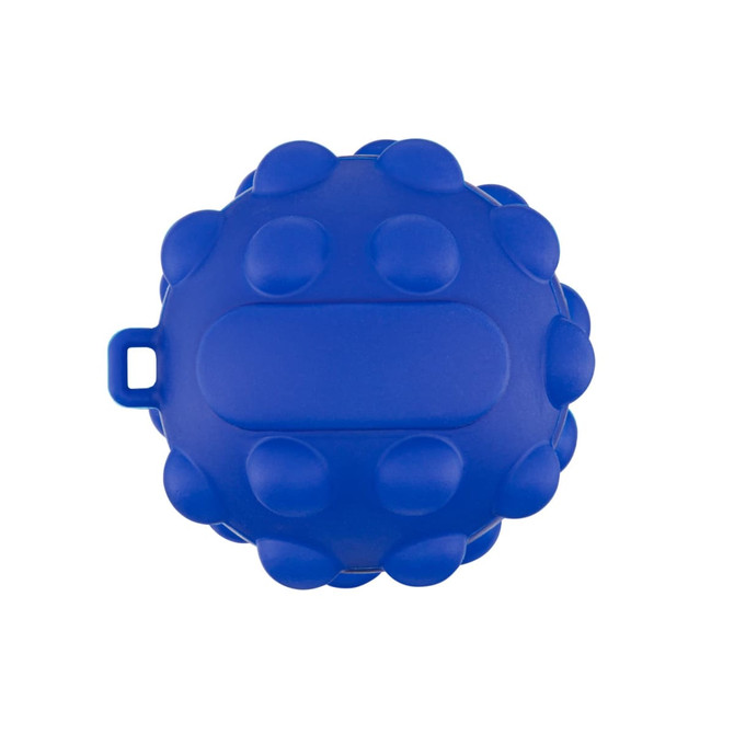 A blue rubber ball with a textured surface and a small loop, featuring rounded protrusions on its exterior.