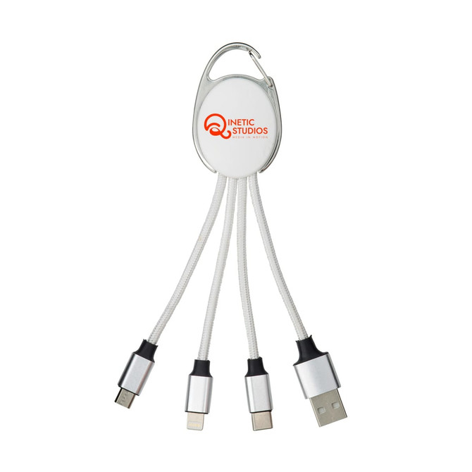 A charging cable with multiple connectors in silver and white, featuring a logo on the central hub.