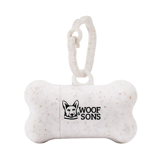 A white, speckled bone-shaped dog waste bag dispenser with a clip, featuring a logo.