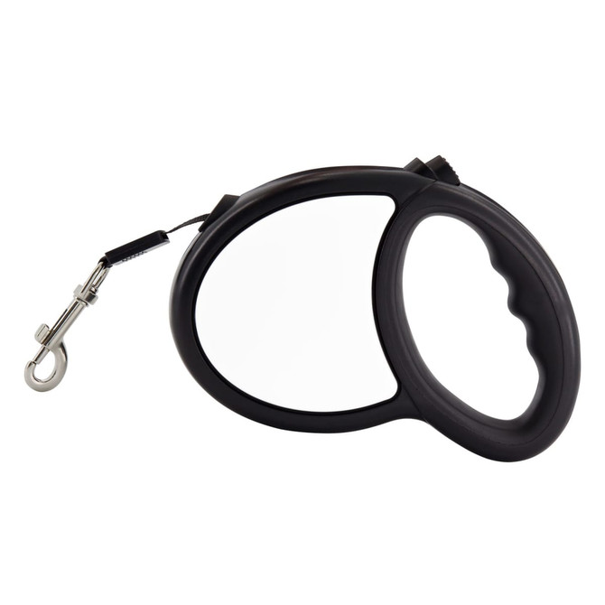A retractable dog lead in black, featuring a curved handle and metal clip for attachment. It has a logo on the side.