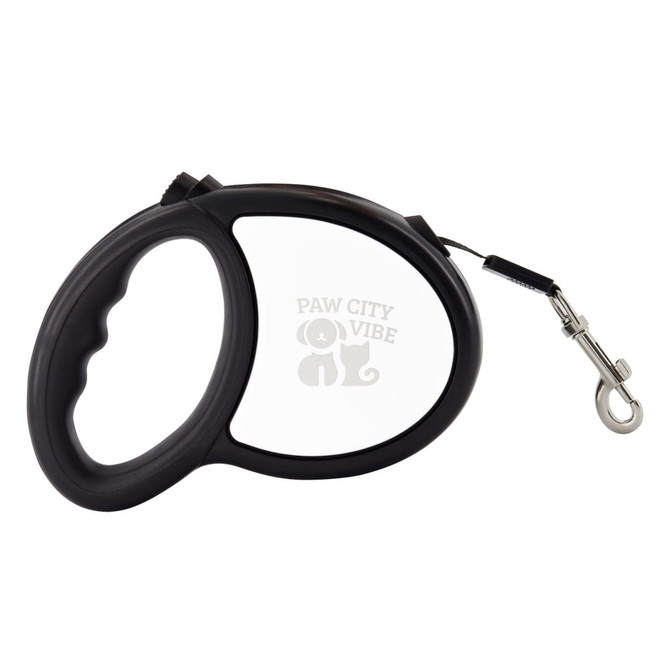 A retractable dog lead in black with a comfortable grip and a metal clip for attachment. It features a logo.