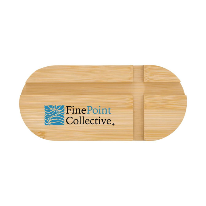 A bamboo phone stand in an oval shape with a blue logo on the surface.