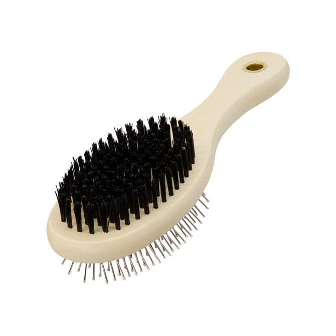 A pet grooming brush with a cream handle and black bristles, featuring metal pins for fur removal.