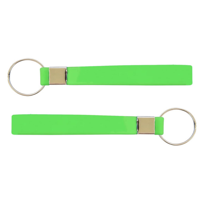 A green silicone strap keytag featuring a metallic clasp and keyring attachment.