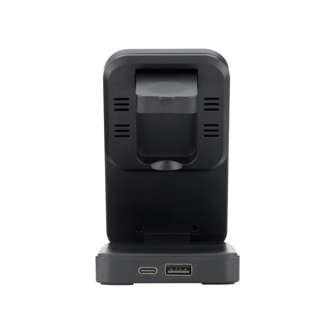 A black 3-in-1 charger with multiple ports and ventilation holes at the back. Features a simple, sleek design.