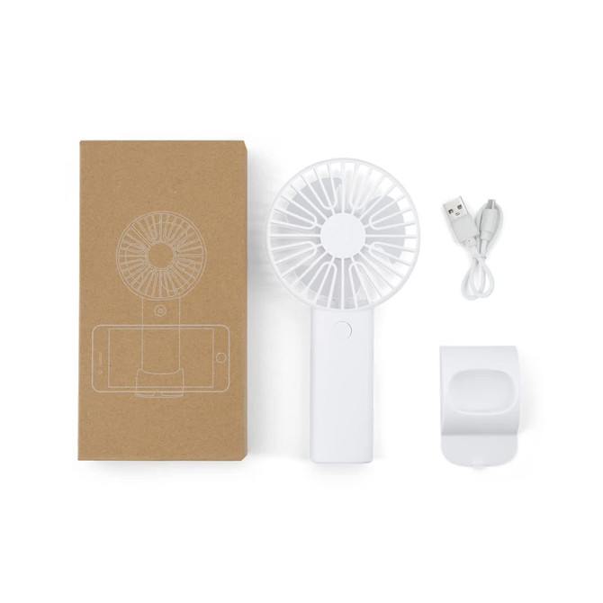 A white handheld fan with a USB charging cable and a phone holder, displayed with its packaging.
