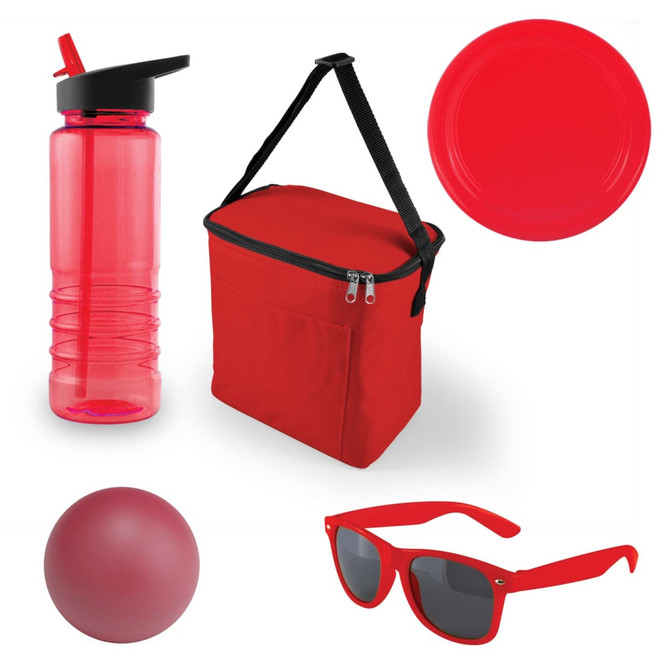 A drink bottle, a red cooler bag, a red frisbee, a red ball, and red sunglasses.